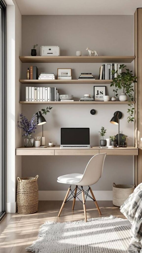 22 Home Office Wall Decor Ideas That Make Your Space Feel Intentional (Not Just Filled) 7 A Wall-Mounted Desk with Floating Storage Above
