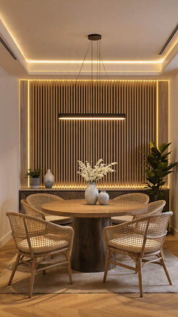 A Wood Slat Accent Panel Behind the Dining Table