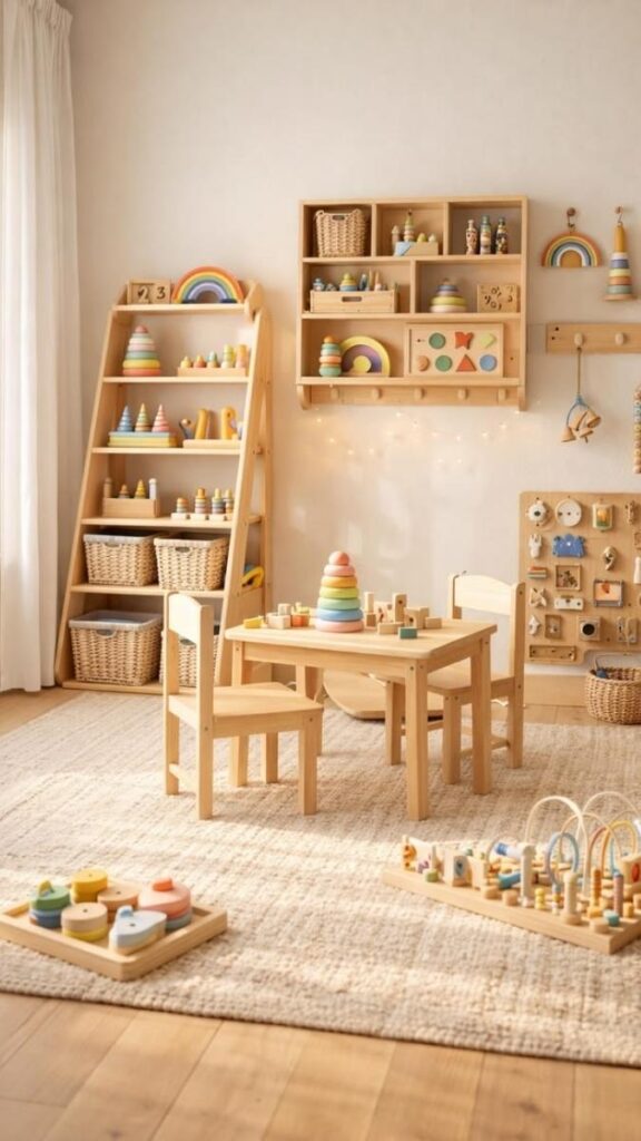 26 Montessori Kids Room Setup Ideas That Actually Work in Real Homes 3 Activity Trays on a Low Open Shelf by Function