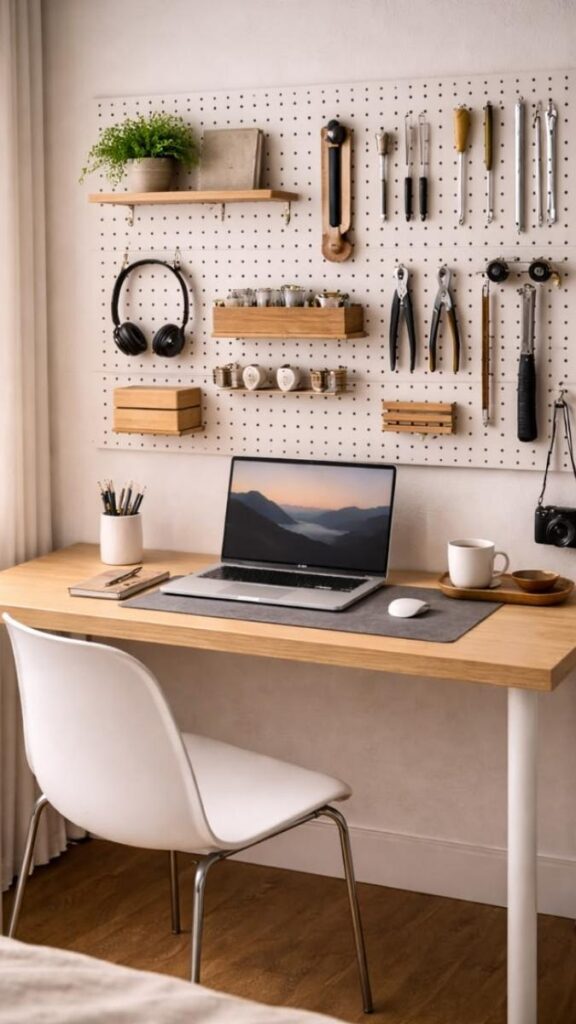 29 Cozy Home Office Decor Ideas That Make Working From Home Feel Like a Real Space 6 Add a Pegboard or Grid Panel for Functional Wall Storage
