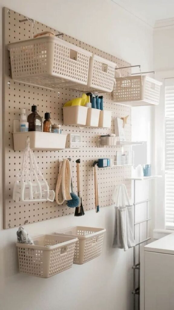 25 Laundry Room Makeover Ideas on a Budget That Actually Look Good 6 Add a Pegboard Panel for Hanging Supplies and Tools