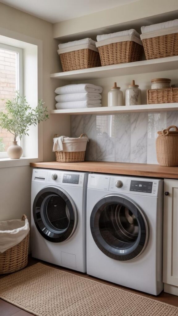 25 Laundry Room Makeover Ideas on a Budget That Actually Look Good 2 Add Open Floating Shelves Above the Washer and Dryer