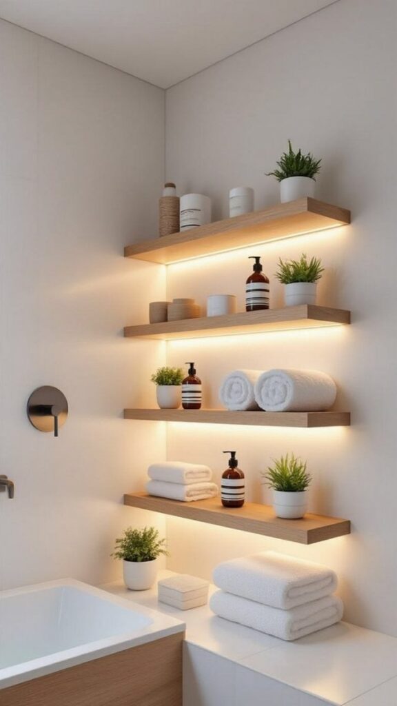 Along Stair-Style Floating Shelves for Layered Lighting
