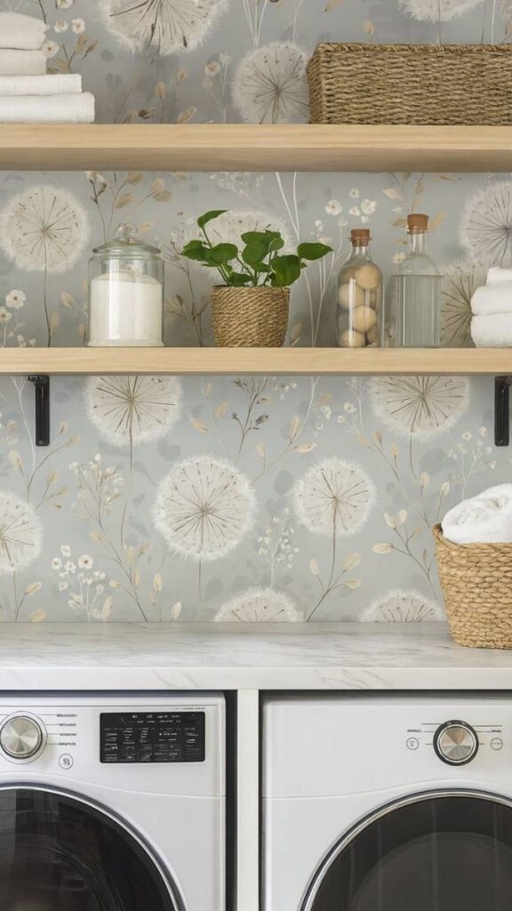 25 Laundry Room Makeover Ideas on a Budget That Actually Look Good 9 Apply Removable Wallpaper to an Accent Wall or Backsplash Area