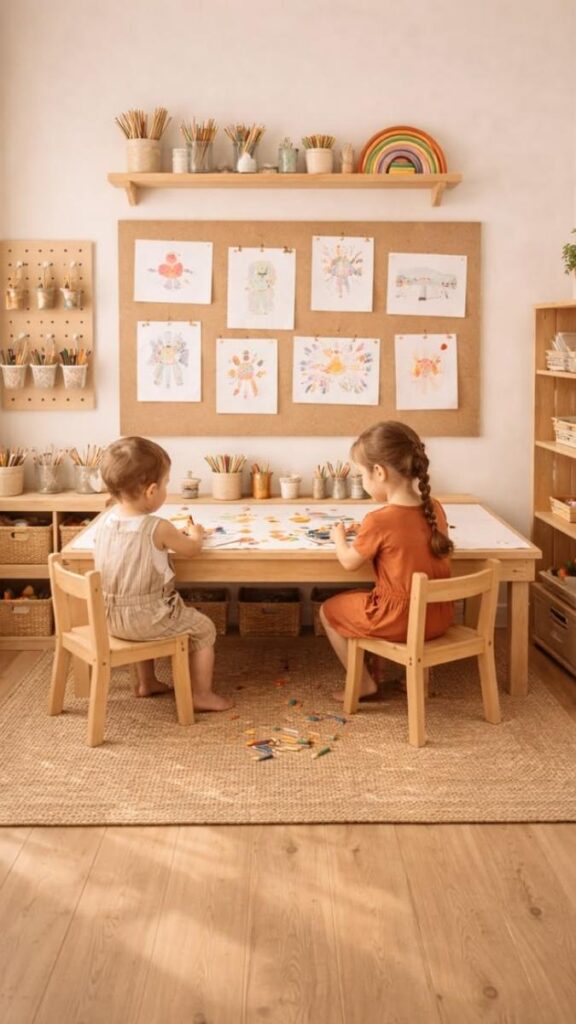 26 Montessori Kids Room Setup Ideas That Actually Work in Real Homes 6 Art Station at a Low Table With Supplies Within Reach