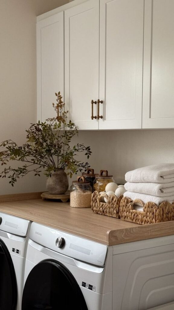 25 Laundry Room Makeover Ideas on a Budget That Actually Look Good 13 Bring in a Wooden Drying Rack That Doubles as a Design Element