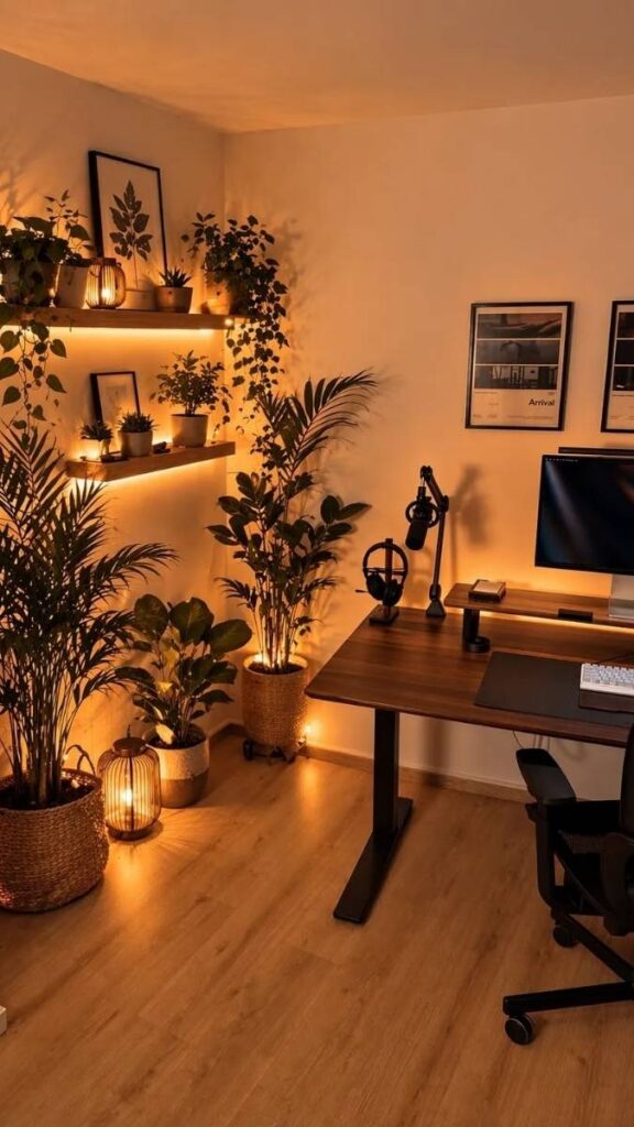 29 Cozy Home Office Decor Ideas That Make Working From Home Feel Like a Real Space 5 Build a Gallery Wall That Frames the Monitor, Not Just the Room