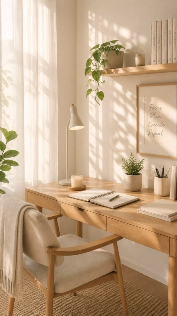 29 Cozy Home Office Decor Ideas That Make Working From Home Feel Like a Real Space 12 Choose Artwork That Has Depth and Stillness, Not Busyness