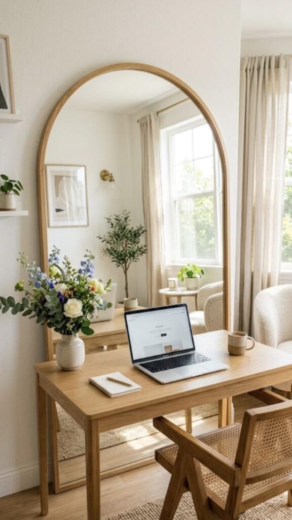 29 Cozy Home Office Decor Ideas That Make Working From Home Feel Like a Real Space 10 Hang a Mirror to Reflect Light and Open the Room