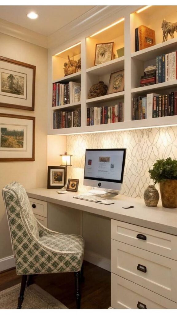 Home Office Alcove with Built-In Shelving and Task Lighting