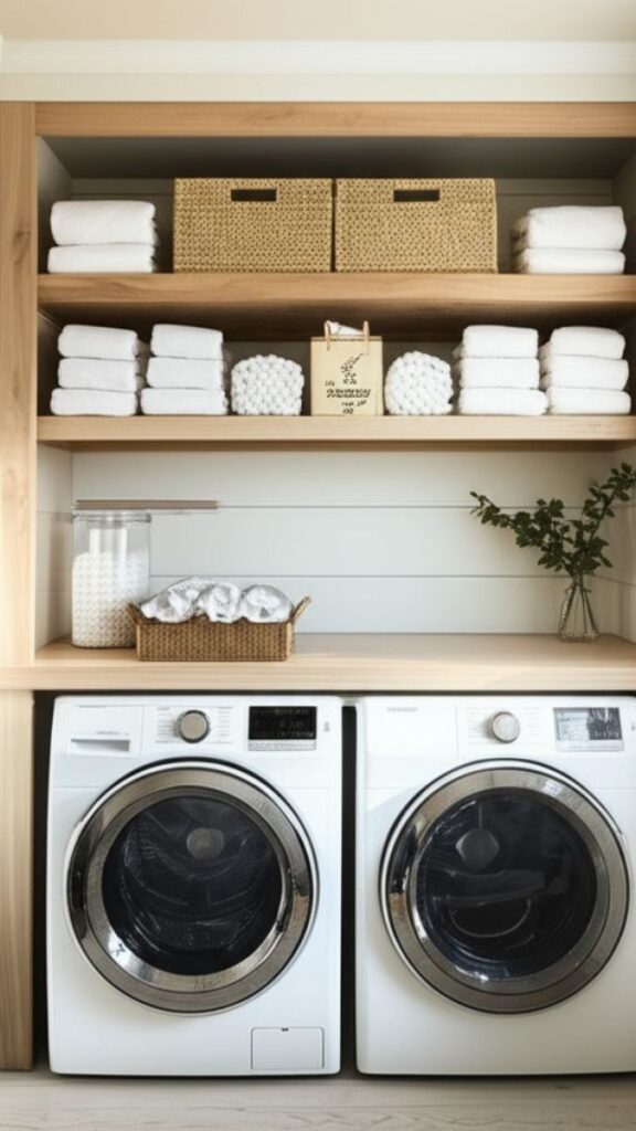 25 Laundry Room Makeover Ideas on a Budget That Actually Look Good 8 Install a Tension Shelf Above a Stacked Washer-Dryer Unit