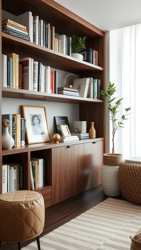 Install Tall Open Shelving on One Side Wall to Store Without Squeezing the Room