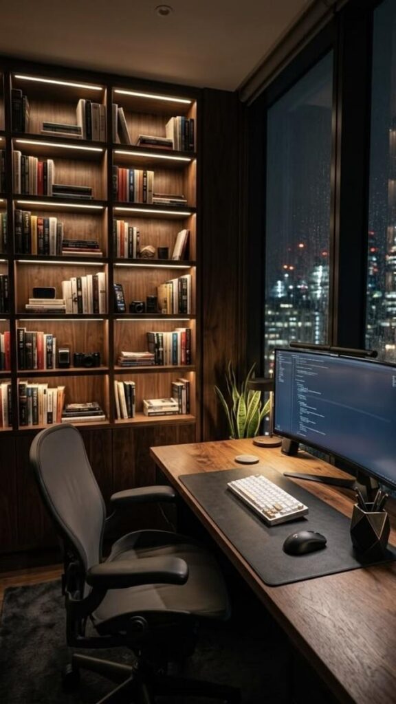 27 Aesthetic Home Office Ideas That Actually Work in Real Spaces 4 Library Ladder Shelving as Office Storage