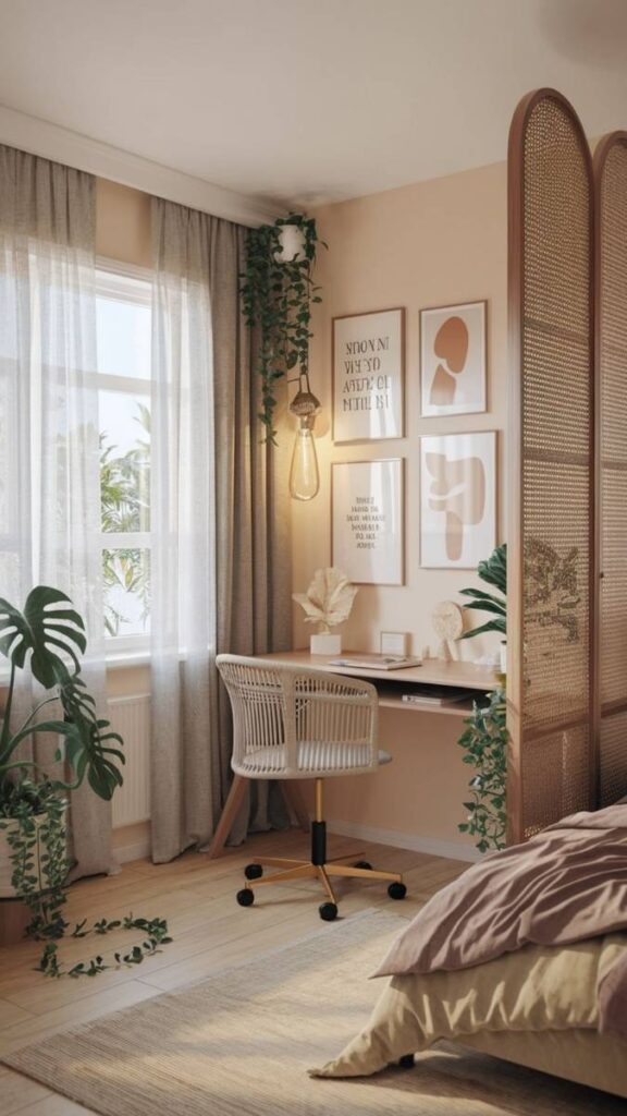 27 Aesthetic Home Office Ideas That Actually Work in Real Spaces 11 Linen Curtains as Office Room Divider