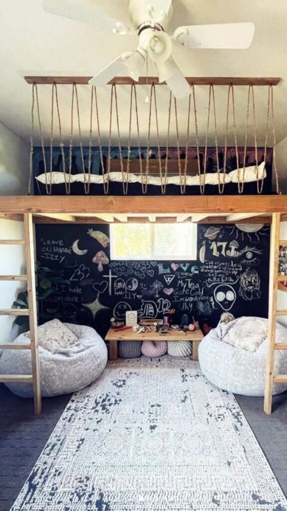 27 Shared Kids Room Ideas for Boy and Girl That Actually Work in Real Homes 4 Loft Beds with Individual Activity Zones Below