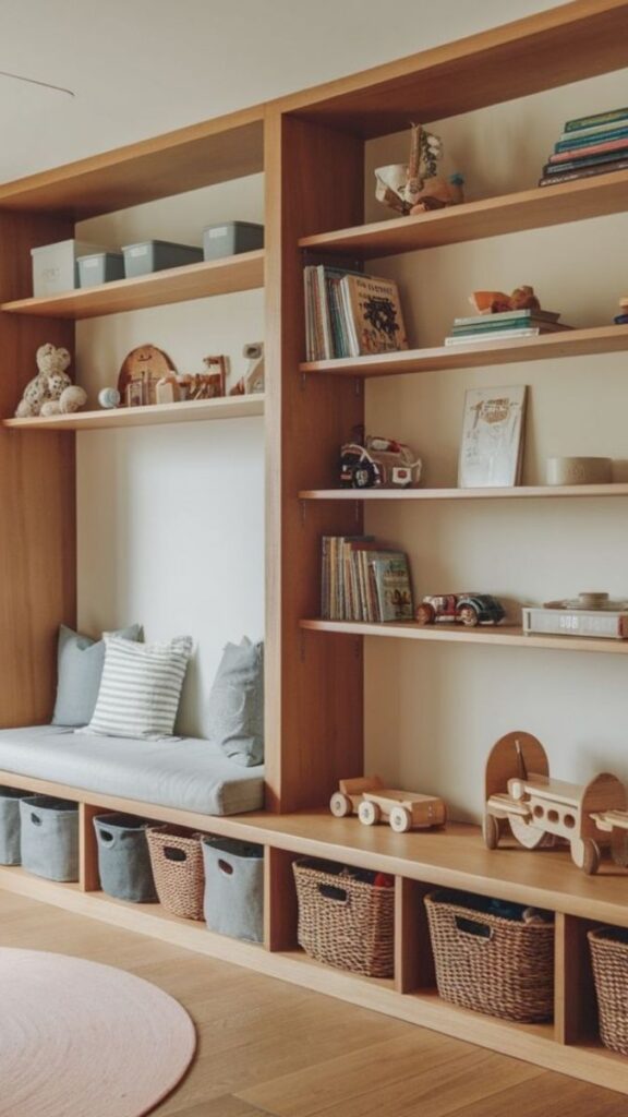24 Kids Room Storage Ideas That Actually Keep the Chaos Under Control 2 Open Cube Shelving Along a Low Wall