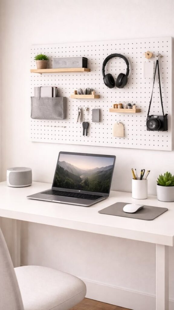 24 Work From Home Setup Ideas That Actually Make You More Productive (Without Buying a Desk) 5 Pegboard Wall System: Vertical Storage That Actually Changes the Flow of Your Desk