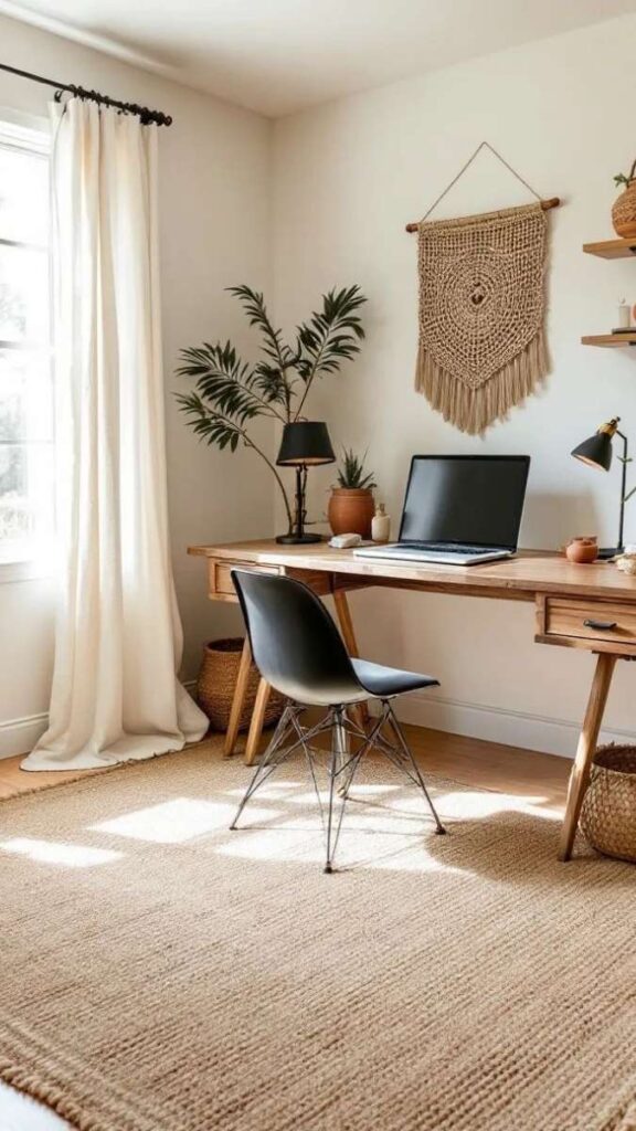 Position a Rug Under (Not Around) the Desk to Anchor the Zone