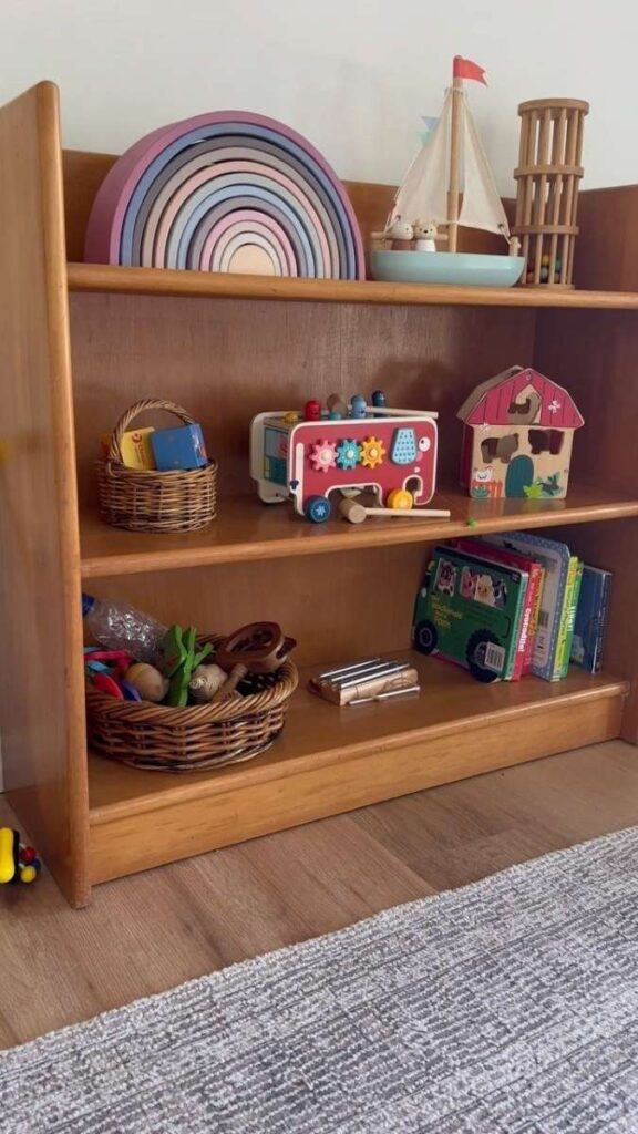 26 Montessori Kids Room Setup Ideas That Actually Work in Real Homes 12 Sound Zone With Musical Instruments on a Low Open Shelf