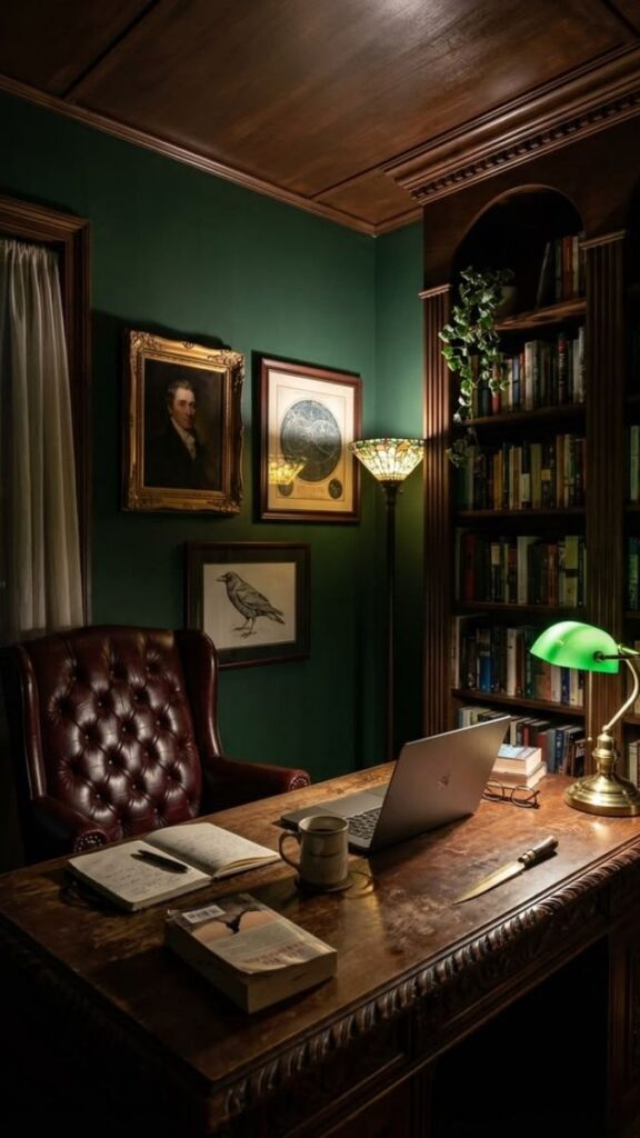 The Dark, Moody Office With Dramatic Wall Color