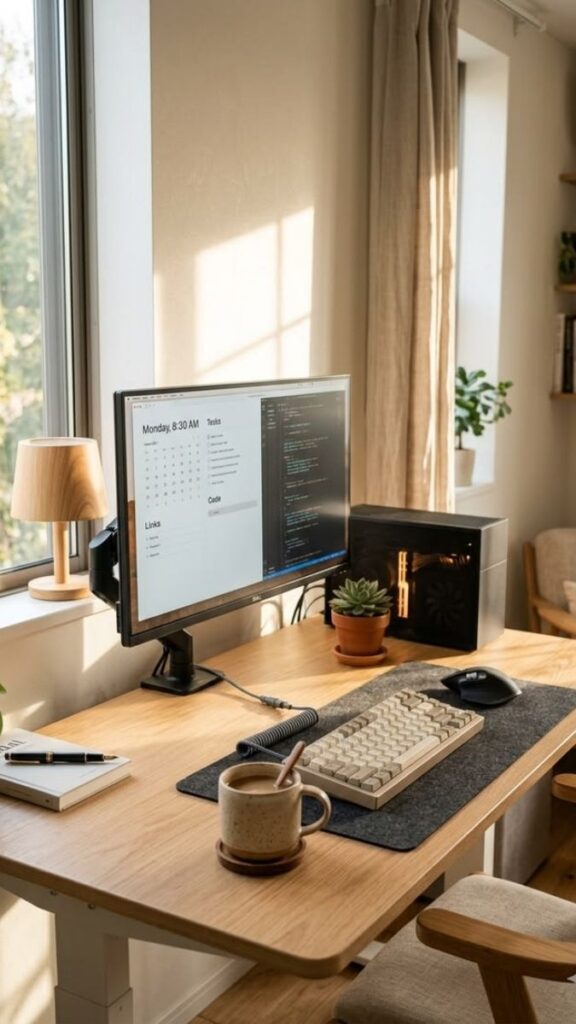 27 Aesthetic Home Office Ideas That Actually Work in Real Spaces 5 The Dual-Monitor Desk With Visual Balance