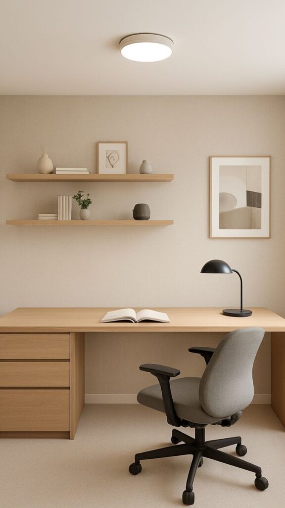 27 Aesthetic Home Office Ideas That Actually Work in Real Spaces 2 The Floating Desk + Open Shelf Stack