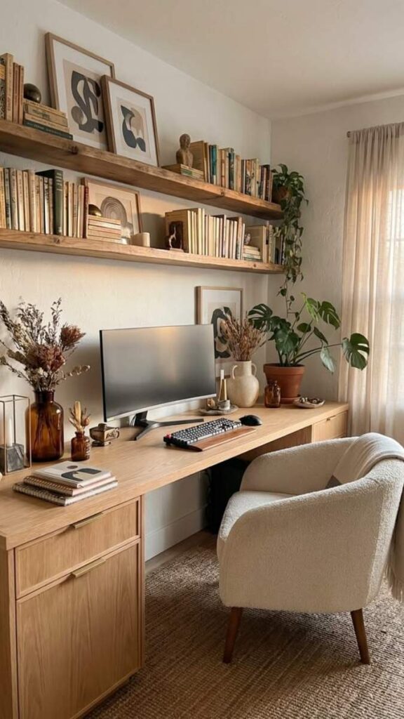 27 Aesthetic Home Office Ideas That Actually Work in Real Spaces 7 The Gallery Wall Office Backdrop