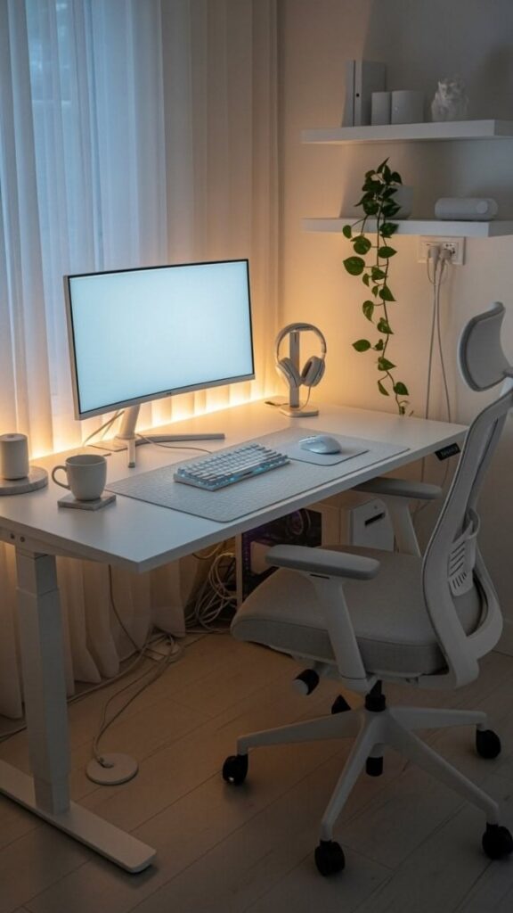 25 Minimalist Desk Setup Ideas That Are Simple, Clean, and Actually Work 2 The Single-Monitor Floating Desk With Bare Wall Space