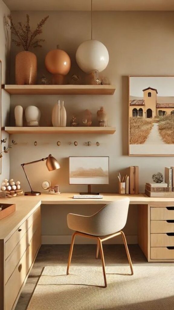 The Warm-Toned Standing Desk Setup With Cork or Plywood Wall