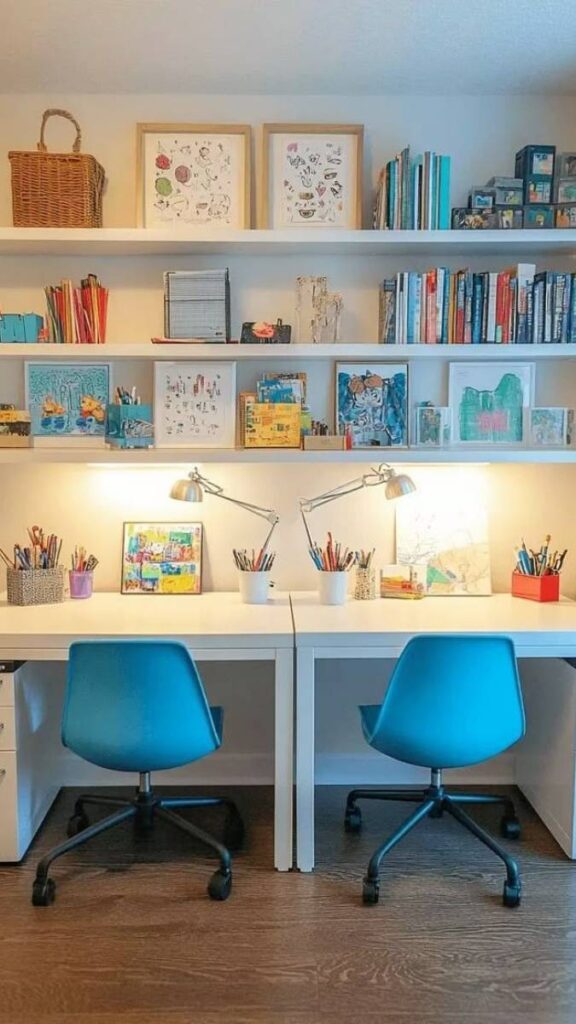 27 Shared Kids Room Ideas for Boy and Girl That Actually Work in Real Homes 3 Two Distinct Desk Zones Along One Wall