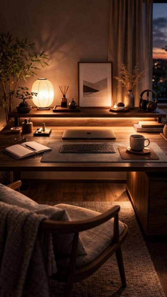 29 Cozy Home Office Decor Ideas That Make Working From Home Feel Like a Real Space 8 Use a Warm-Toned Desk Lamp With a Wide, Diffused Shade