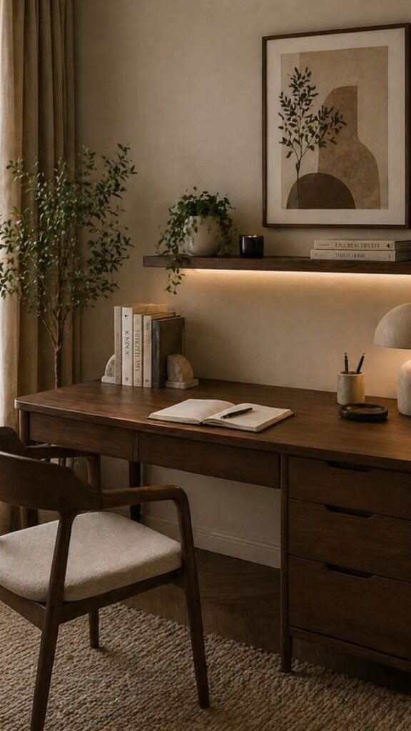 22 Home Office Wall Decor Ideas That Make Your Space Feel Intentional (Not Just Filled) 5 Vertical Shiplap or Wood Panel Strip on One Wall