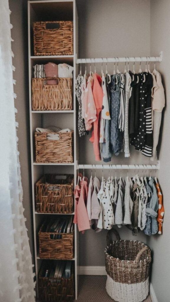 28 Small Nursery Setup Ideas That Actually Work in Tight Spaces 8 A Hamper That Fits Inside the Closet (Not on the Floor)