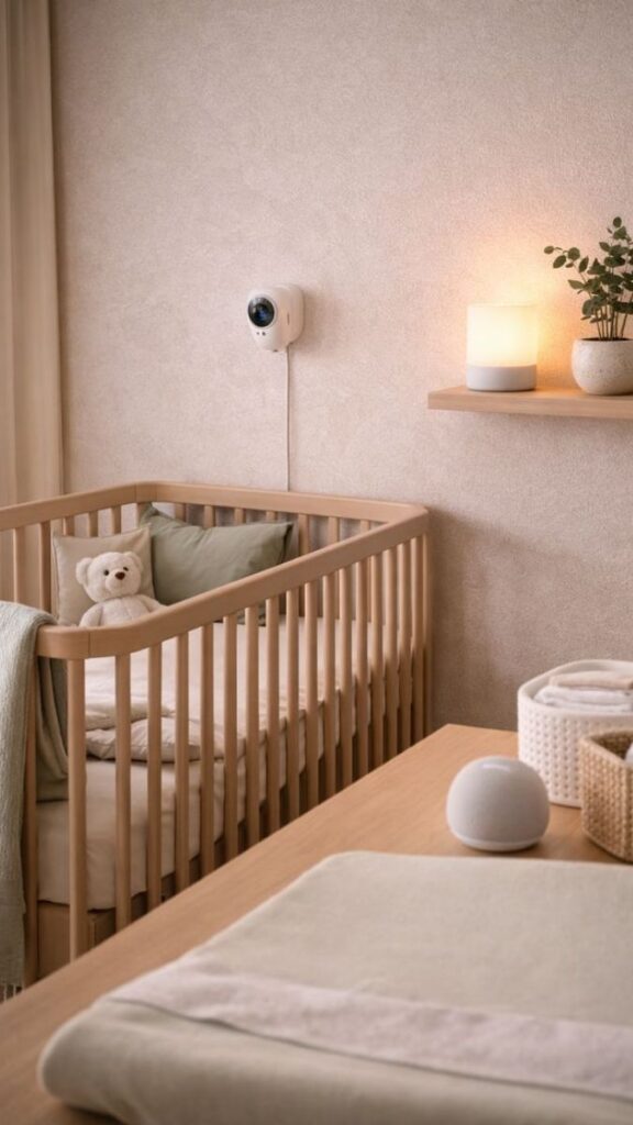 27 Best Minimalist Nursery Decor Ideas That Make Small Baby Rooms Feel Calm and Complete 12 Baby Monitor Mounted on the Wall Cord Hidden