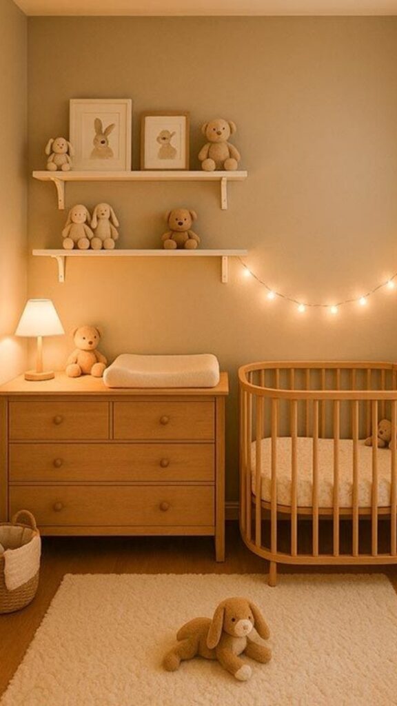 28 Small Nursery Setup Ideas That Actually Work in Tight Spaces 2 Corner Crib Placement With a Floating Shelf Above