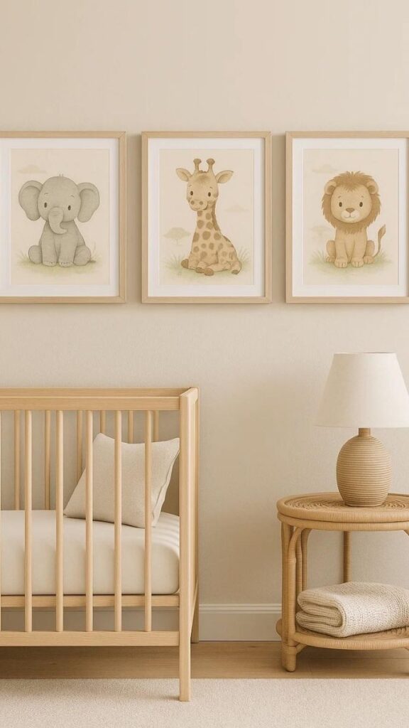 28 Small Nursery Setup Ideas That Actually Work in Tight Spaces 13 Gallery Wall at Low-to-Mid Height for Scale Proportion