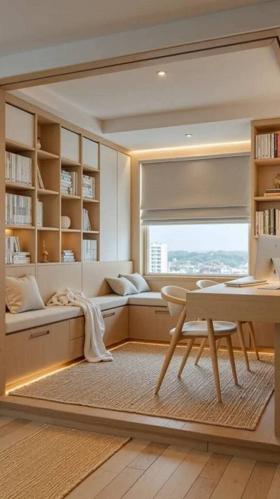 27 Best Minimalist Nursery Decor Ideas That Make Small Baby Rooms Feel Calm and Complete 13 Low Bookshelf as a Room Divider in an Open-Plan Nursery