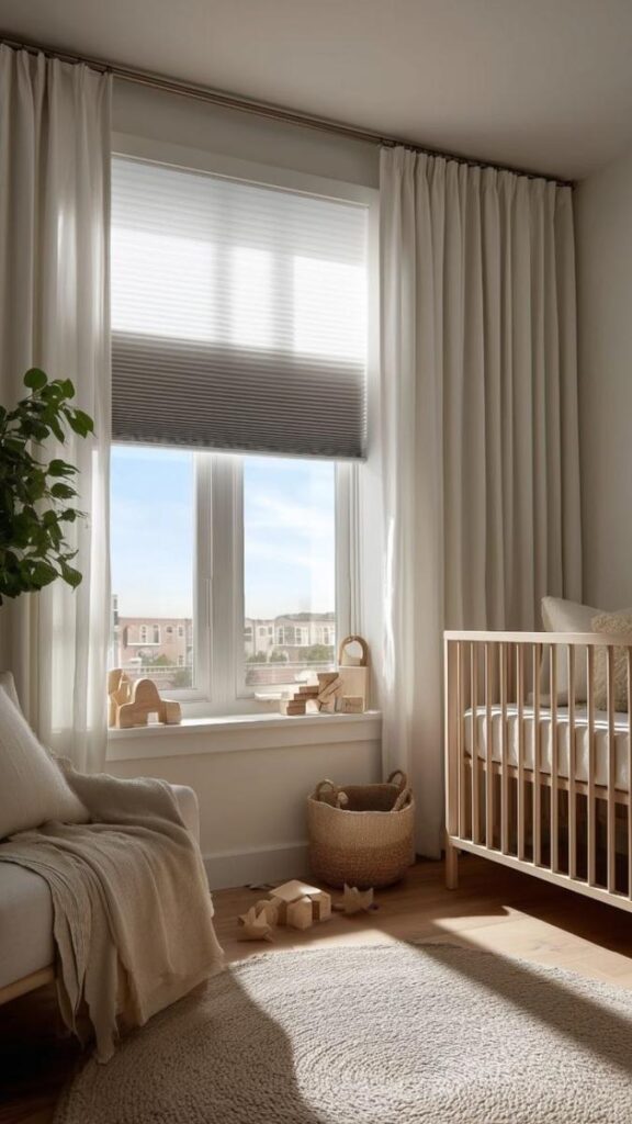 27 Best Minimalist Nursery Decor Ideas That Make Small Baby Rooms Feel Calm and Complete 4 Sheer Curtains Layered Over Blackout Lining for Both Light and Function