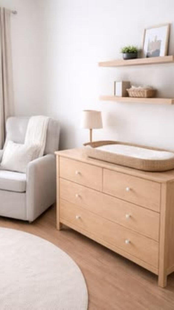 27 Best Minimalist Nursery Decor Ideas That Make Small Baby Rooms Feel Calm and Complete 3 Warm Wood Dresser as a Changing Station With No Overhead Clutter