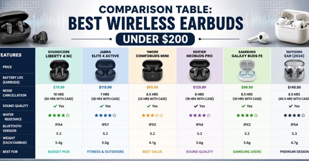 Comparison Table: Best Wireless Earbuds Under $200