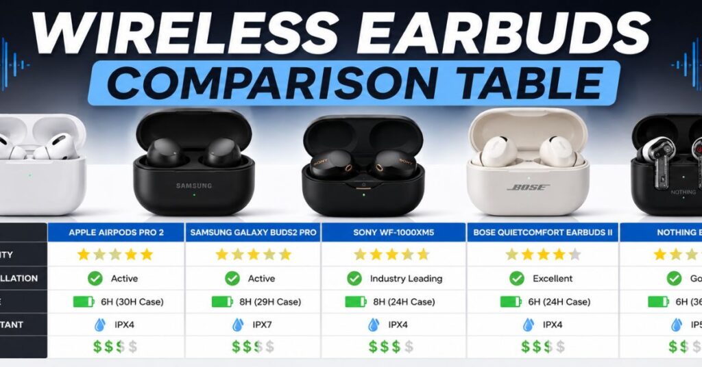 Best Wireless Earbuds of 2026 Top Picks for Sound, ANC, Comfort & Value 3 Wireless Earbuds Comparison Table